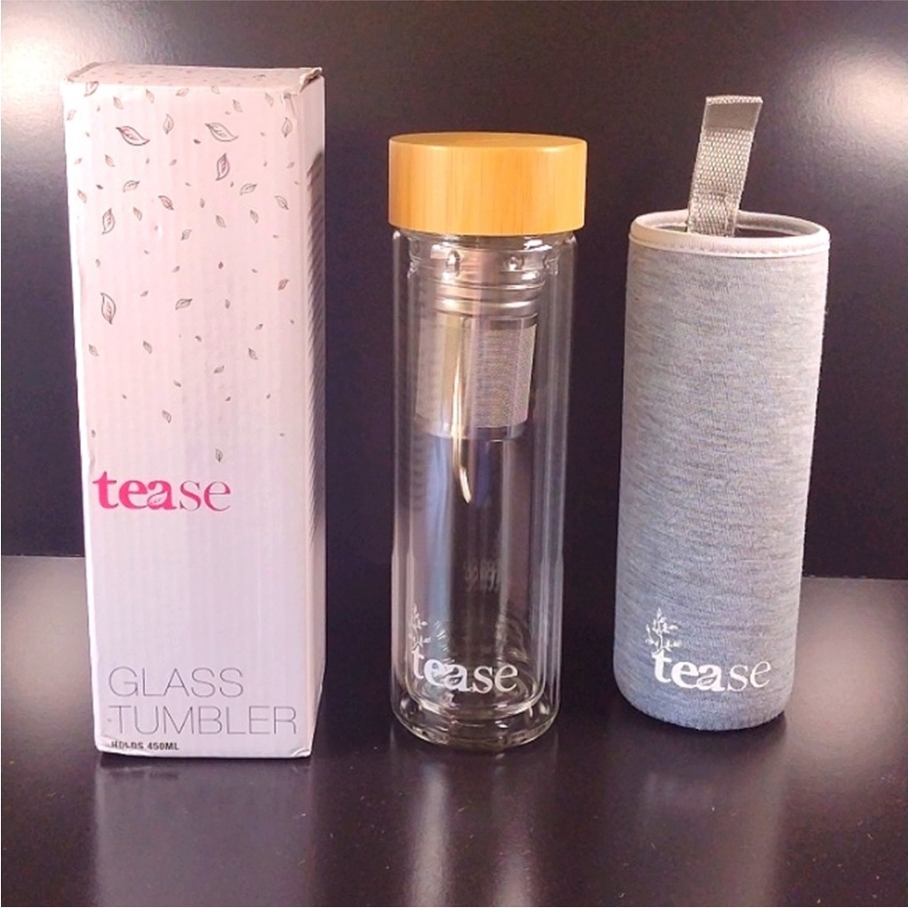 NIB Tease Glass Tumbler, Stainless Steel Infuser, Bamboo Lid, Insulated Sleeve